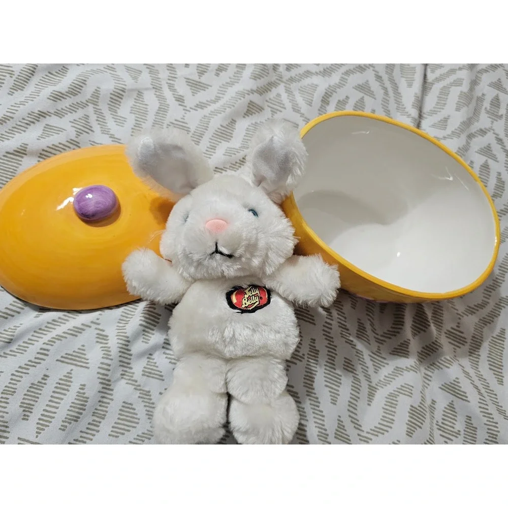 Vintage 1988 Applause Jelly Belly White Bunny Plush & Yellow Ceramic Candy Jar